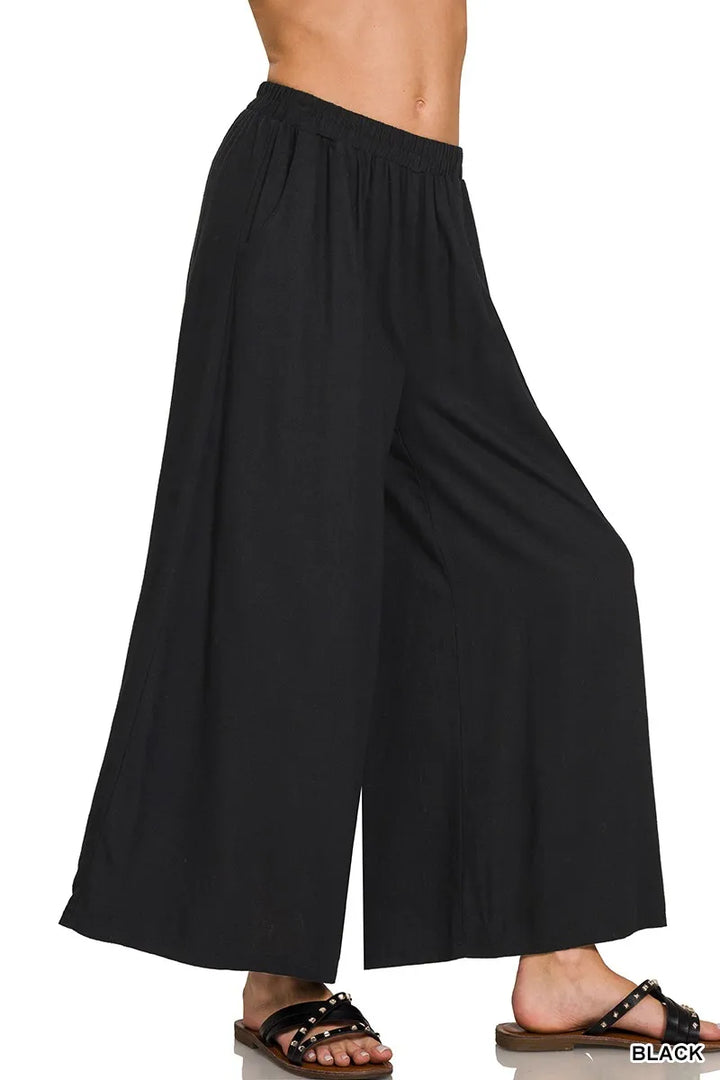 Black Zenana Woven Pleated Linen Blend Wide Leg Pants