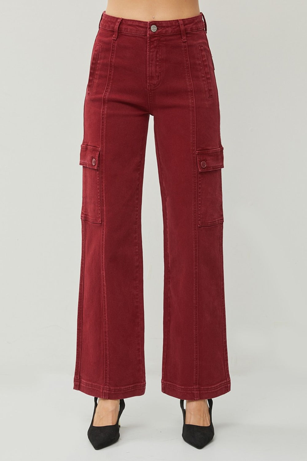 Wine Risen Full Size High Rise Wide Leg Cargo Jeans 1