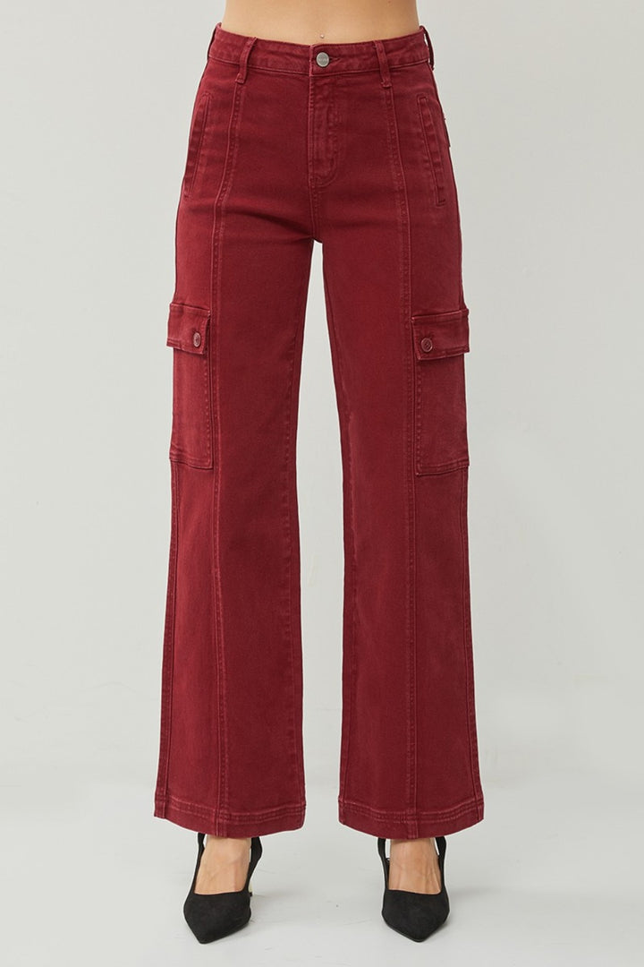 Wine Risen Full Size High Rise Wide Leg Cargo Jeans 1