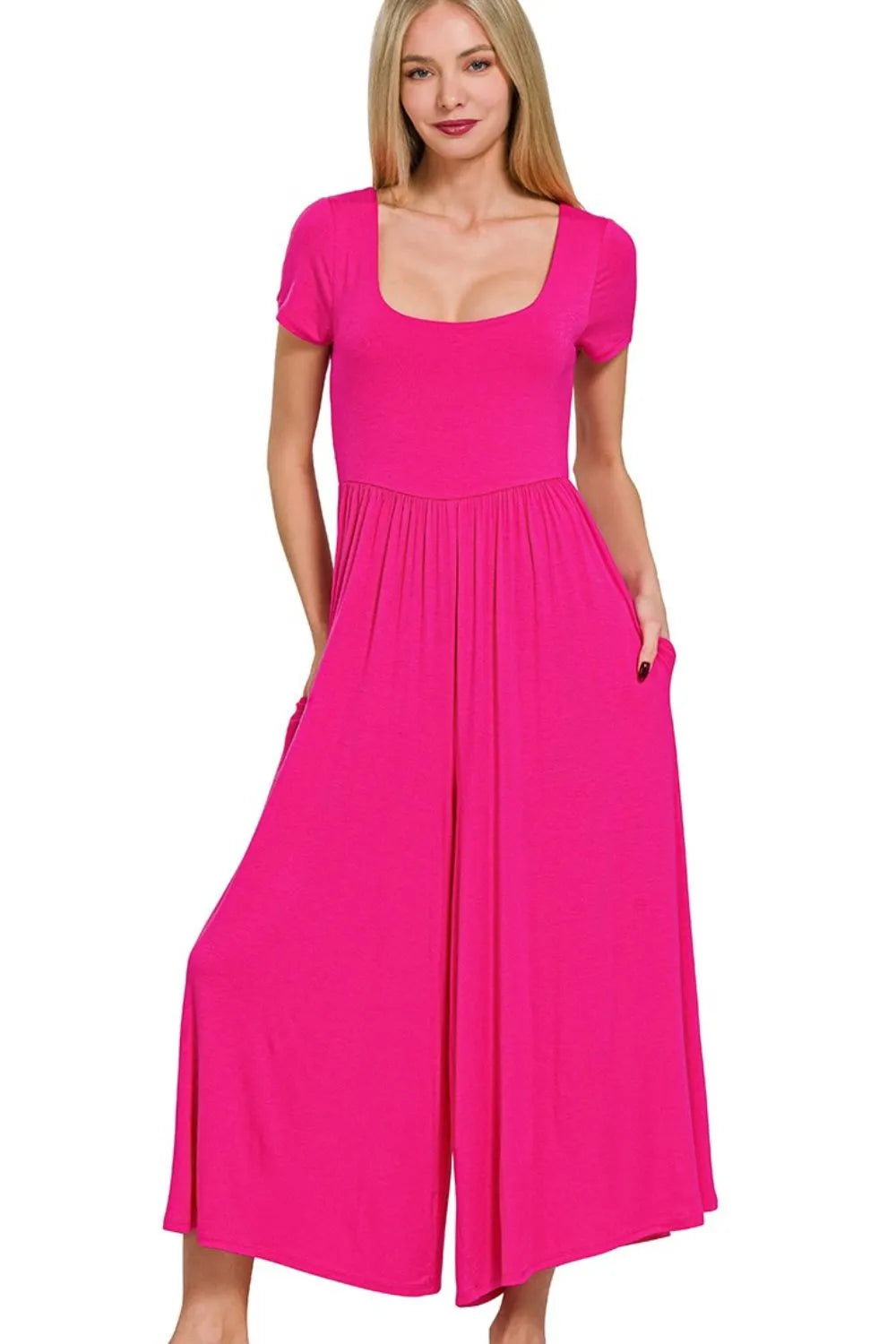 Hot Pink Zenana Double Layered Short Sleeve Jumpsuits 3