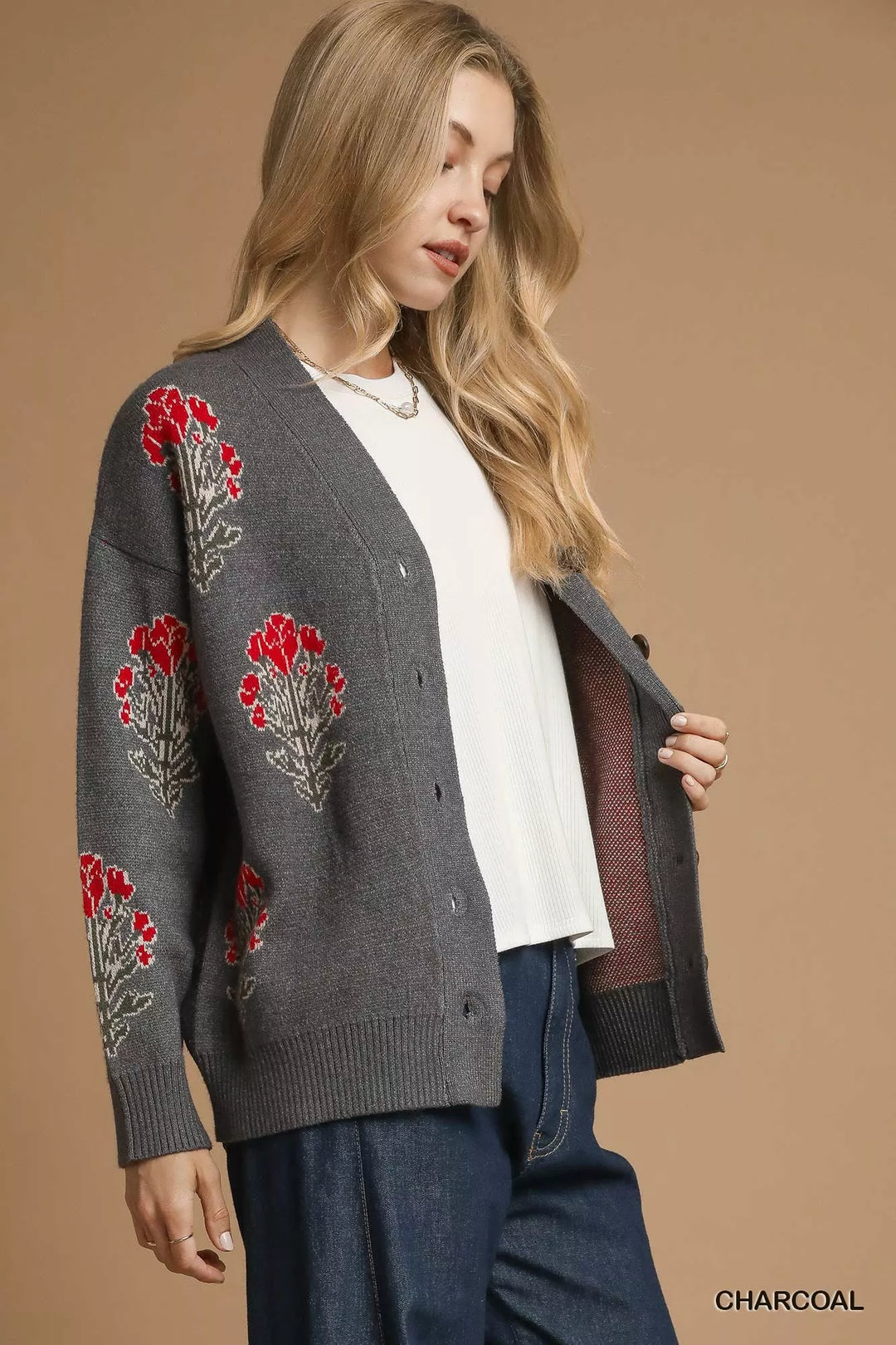 Charcoal Umgee Single Flower Stem Jacquard Cardigan Sweater 1