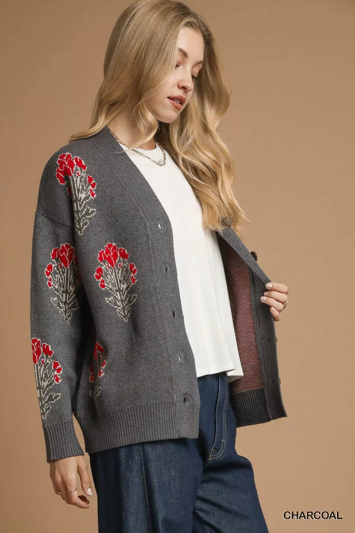 Charcoal Umgee Single Flower Stem Jacquard Cardigan Sweater 1
