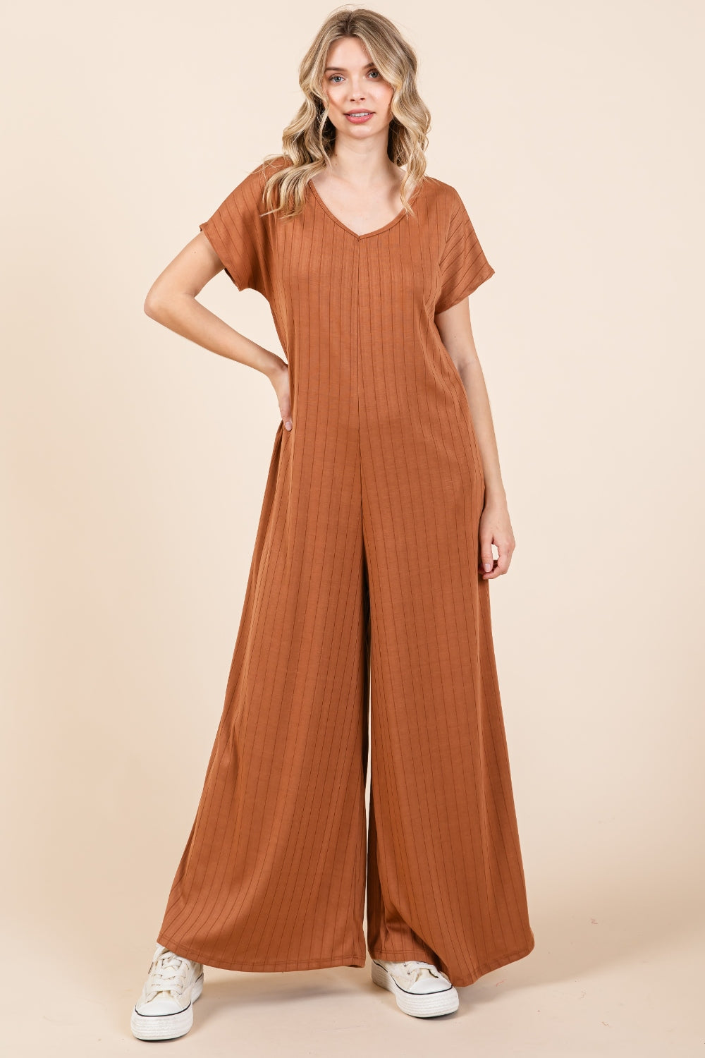 Camel Bombom Ribbed Short Sleeve Wide Leg Jumpsuit
