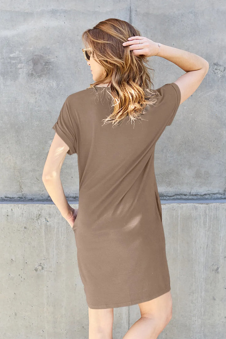 Camel Basic Bae Full Size Round Neck Short Sleeve Dress With Pockets
