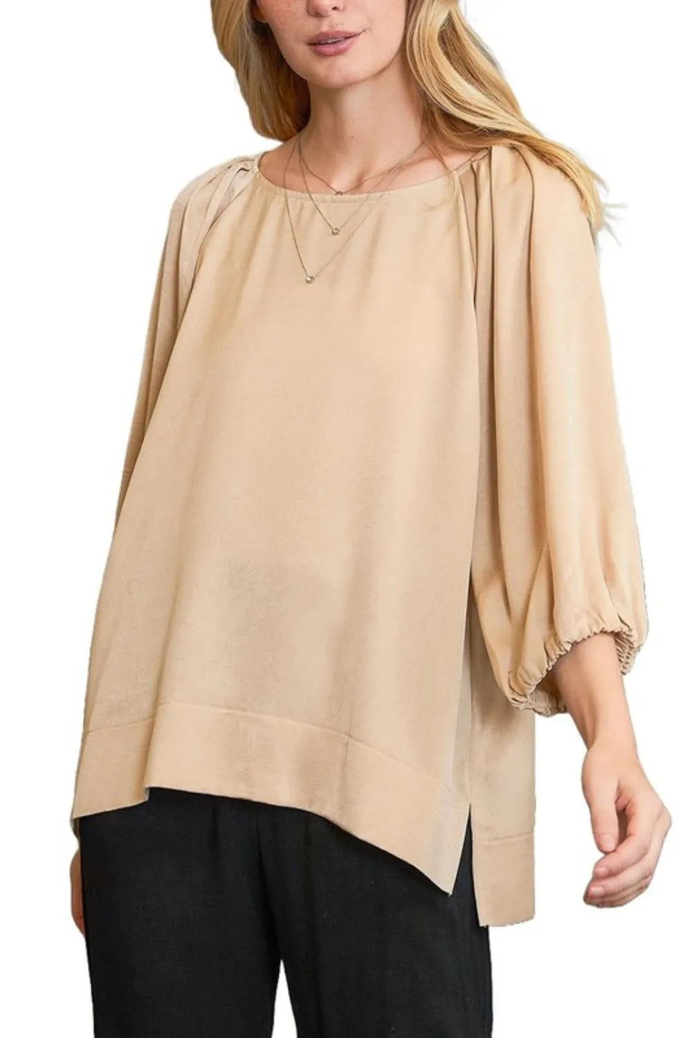 Tan Umgee Full Size Crinkled Satin Top Plus Size