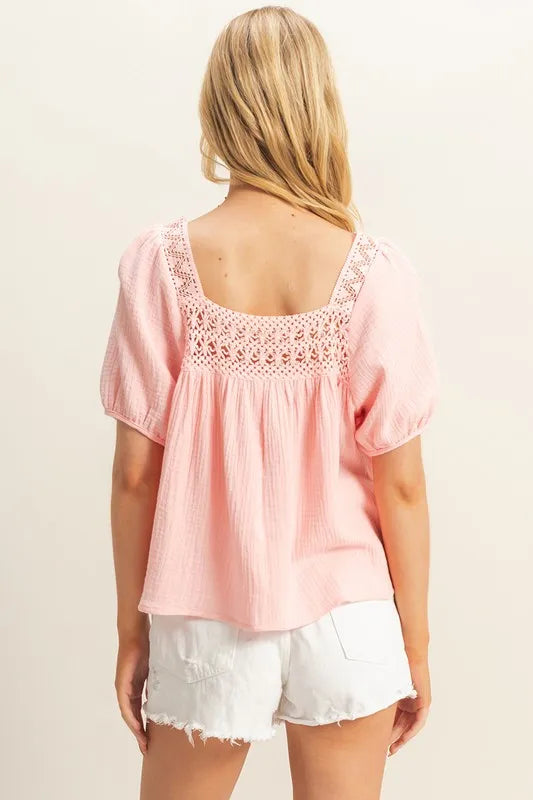 Baby Pink Hyfve Crochet Detail Puff Sleeve Peasant Top