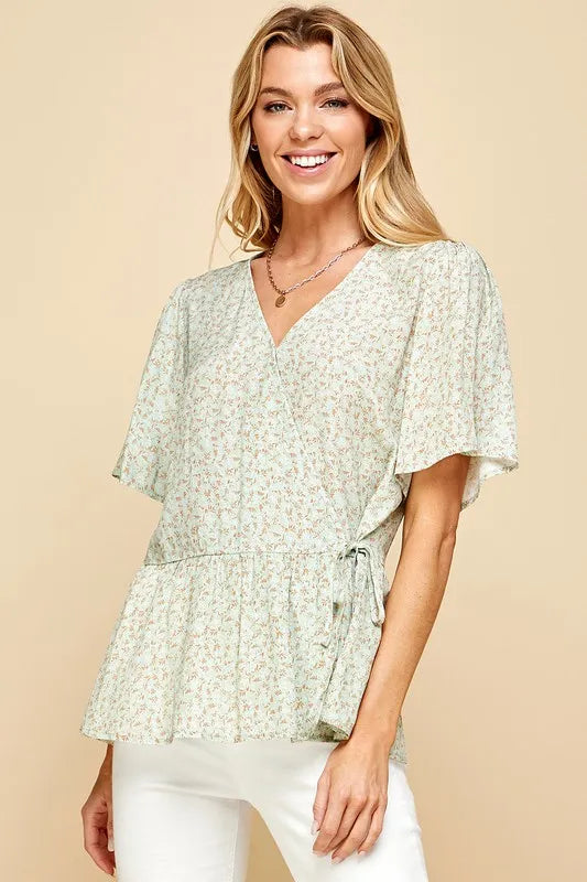 Lime N Chili Ditsy Print V Neck Short Sleeve Wrap Blouse