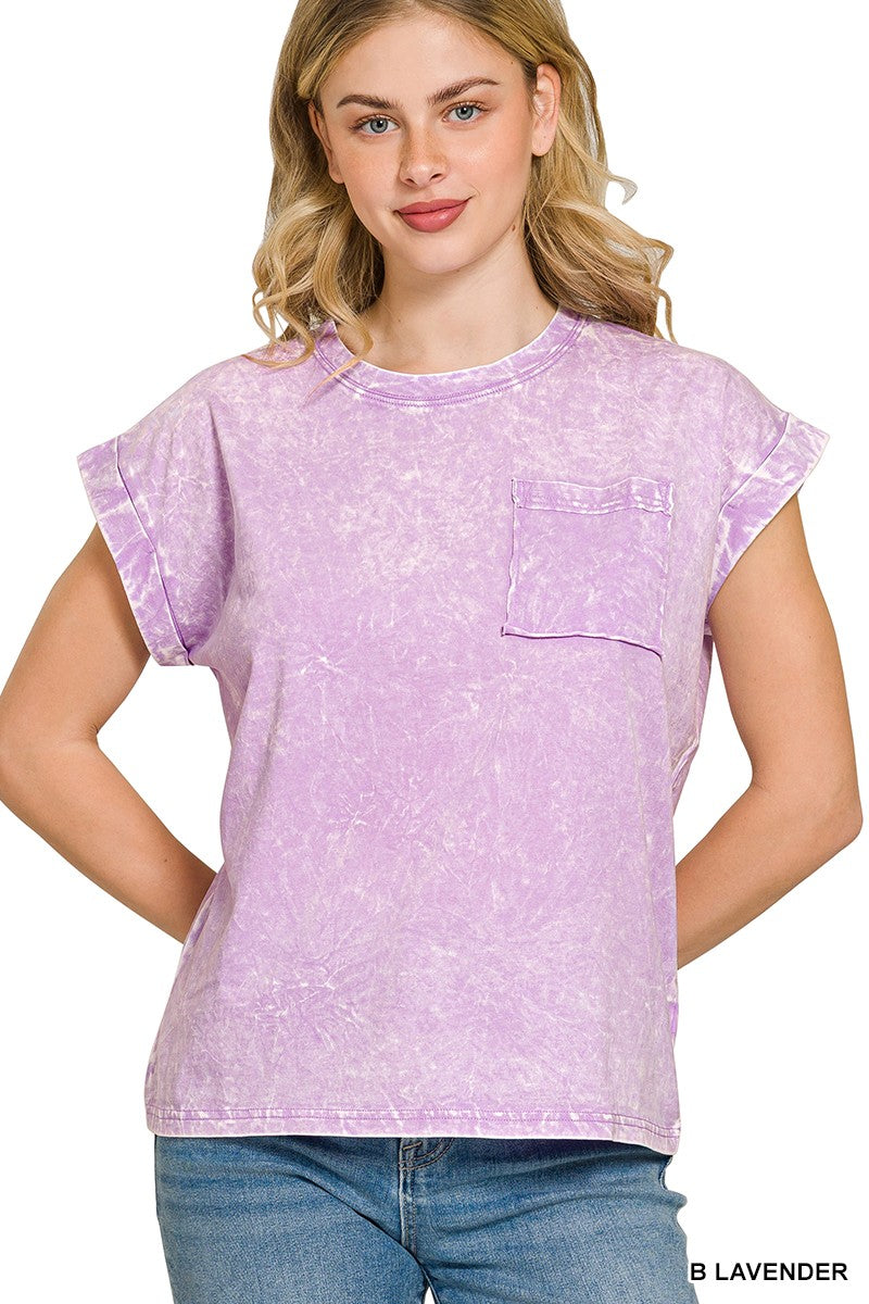 B Lavender Zenana Full Size Crinkle Washed Round Neck Folded Short Sleeve Tee Plus Size 2