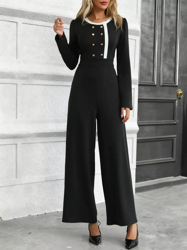 Black Button Decor Long Sleeve Wide Leg Jumpsuit