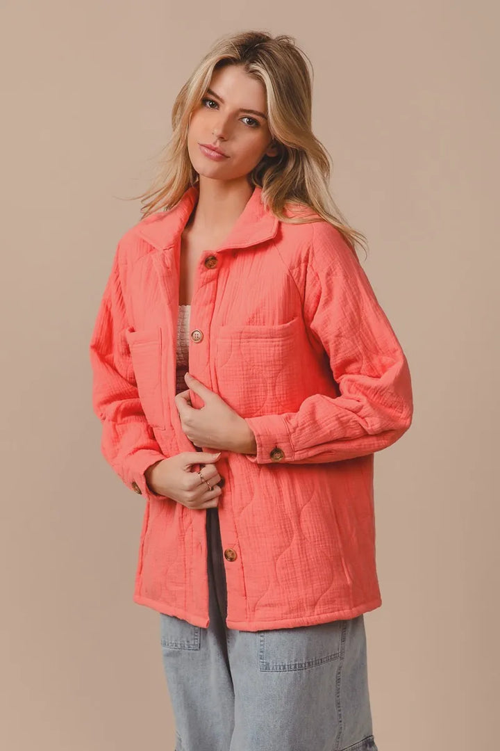Coral Bibi Quilted Wrinkle Gauze Long Sleeve Shacket 1