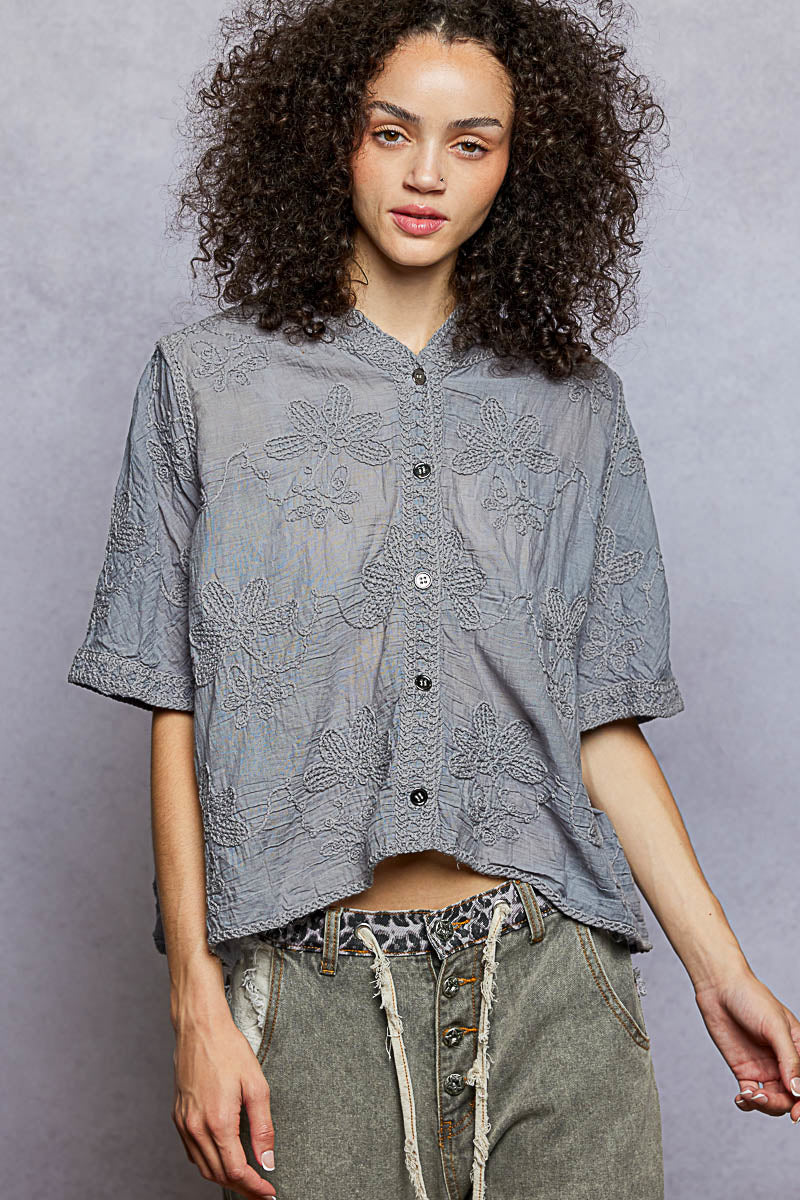 Heather Grey Pol Button Front Floral Stitching Breathable Hooded Shirt