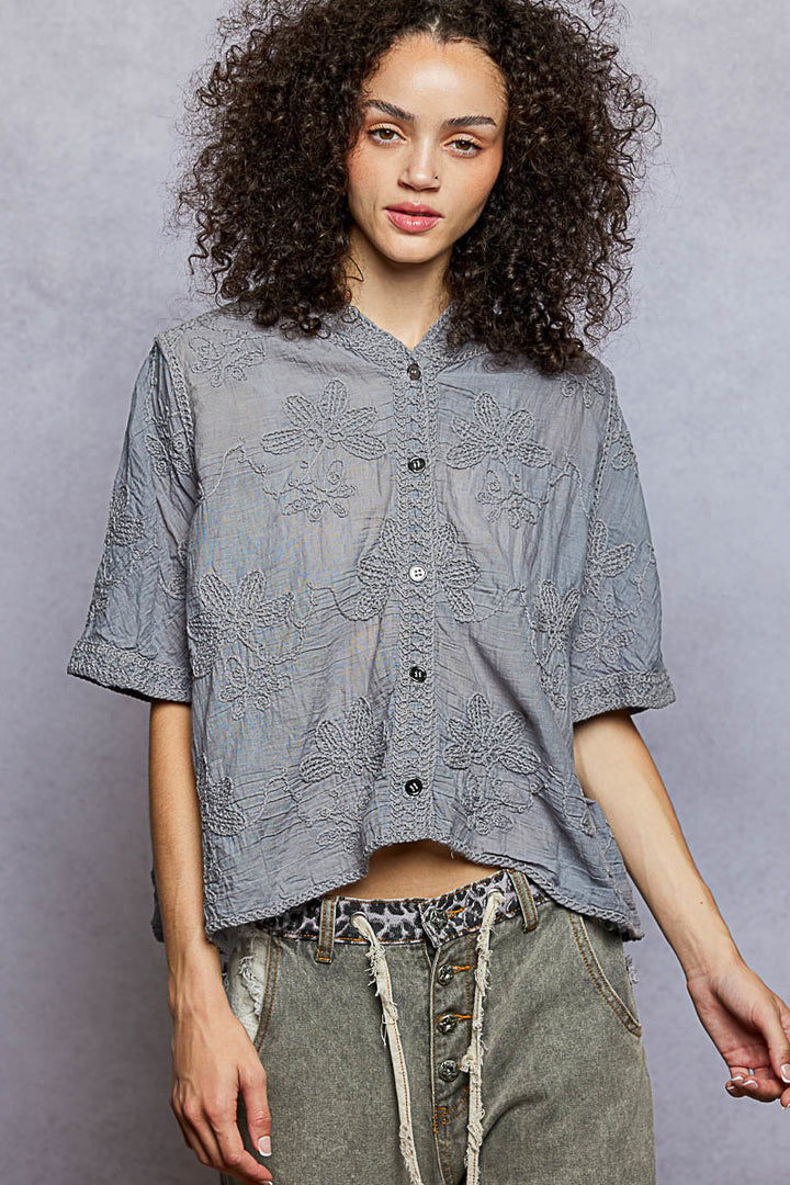 Heather Grey Pol Button Front Floral Stitching Breathable Hooded Shirt