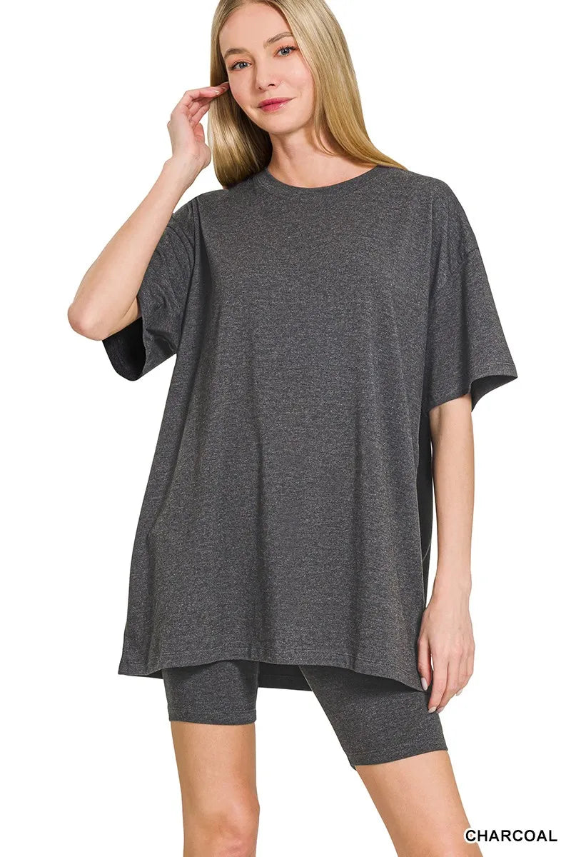 Charcoal Zenana Cotton Round Neck Top Biker Shorts 3