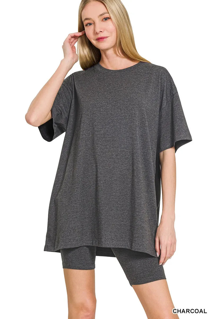 Charcoal Zenana Cotton Round Neck Top Biker Shorts 3