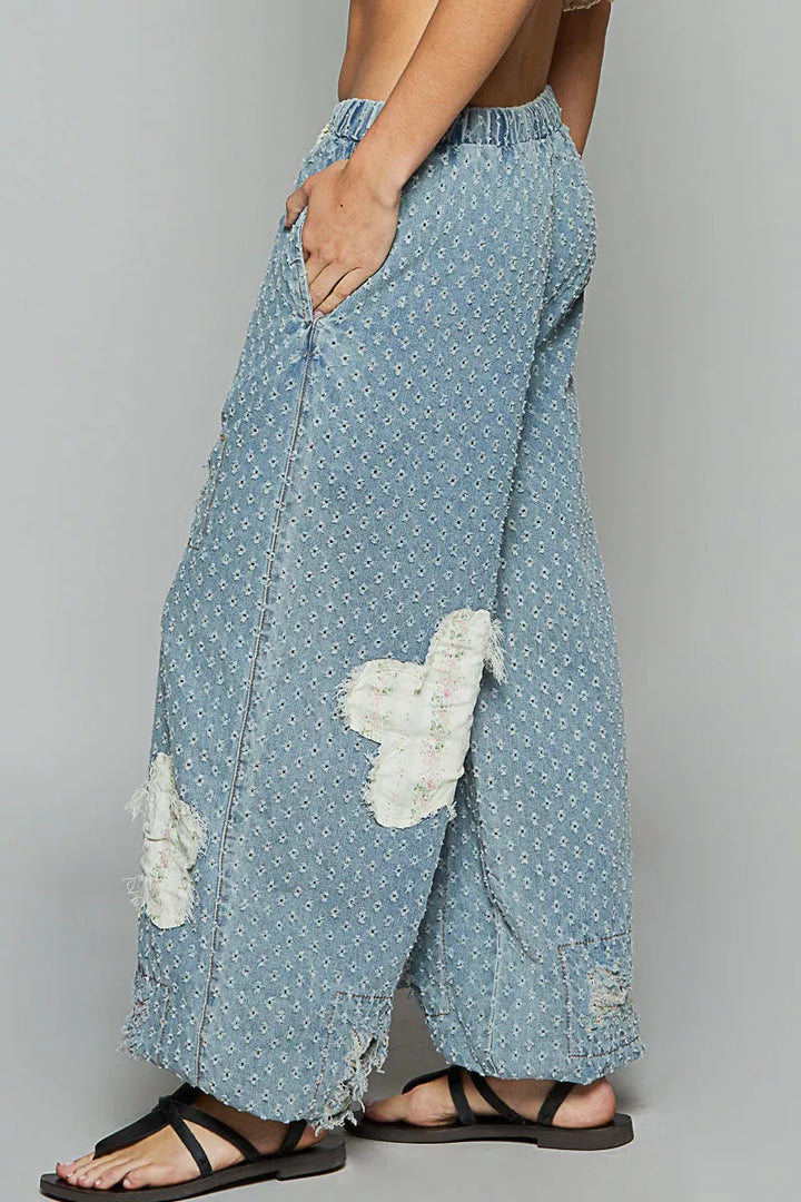 Light Denim Pol Floral Patch Washed Textured Twill Pants With Crochet See Thru Patch