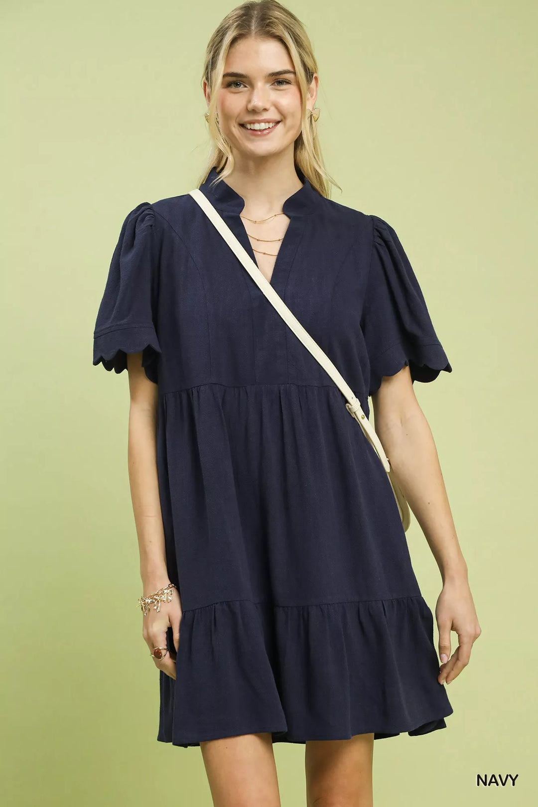 Navy Umgee Linen Tiered Babydoll Dress With Scalloped Sleeves