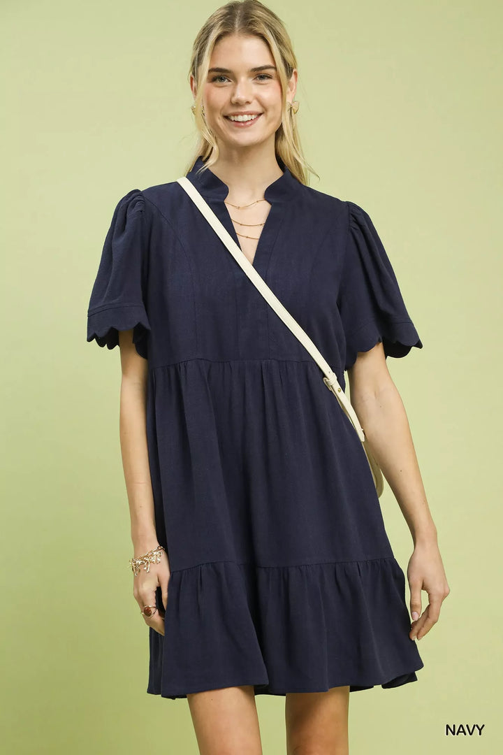 Navy Umgee Linen Tiered Babydoll Dress With Scalloped Sleeves