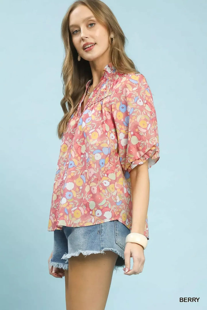 Berry Umgee Smocked Floral Ruffle Trim Top 1