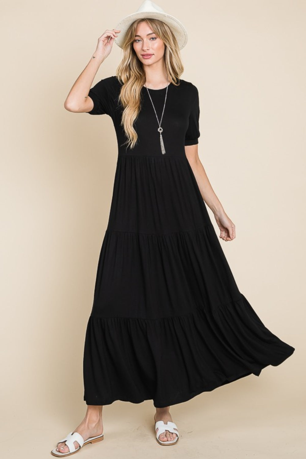 Black Bombom Short Sleeve Tiered Maxi Dress