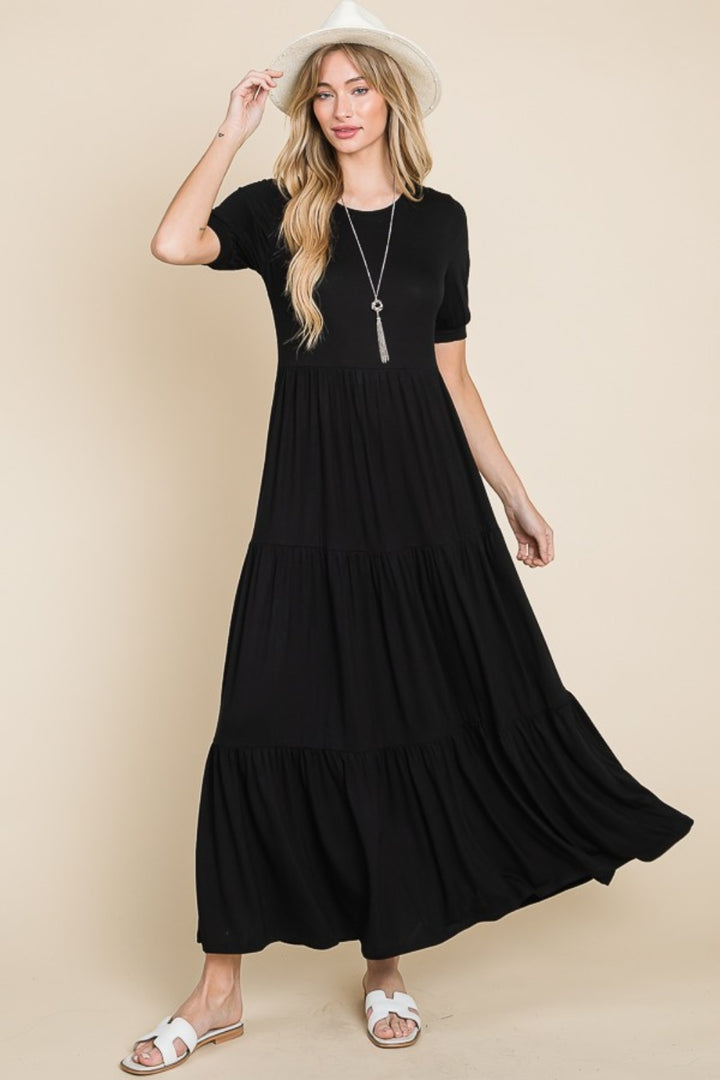 Black Bombom Short Sleeve Tiered Maxi Dress