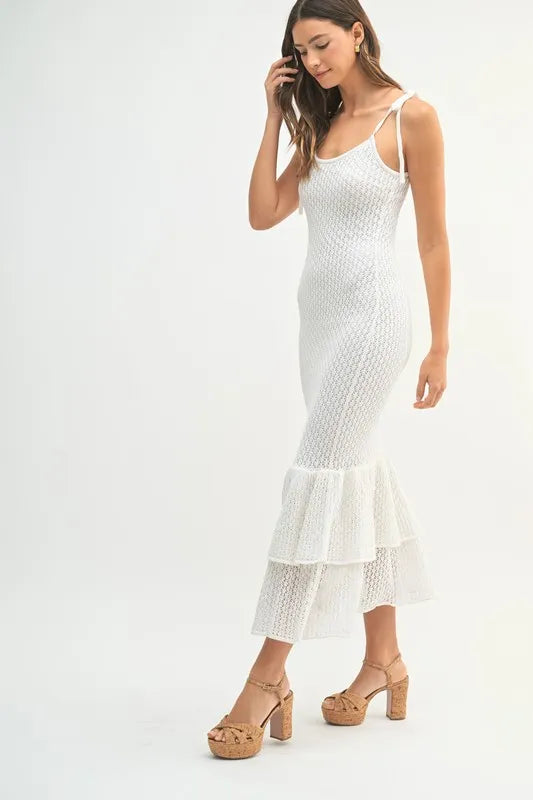 Off White Mable Sleeveless Shoulder Tie Rose Knit Midi Dress