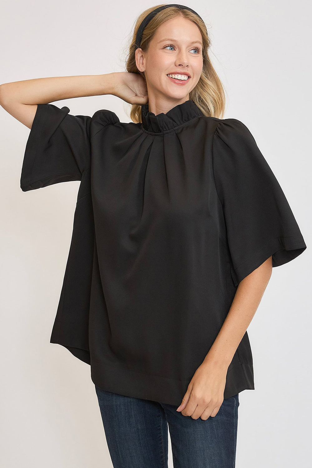 Black Umgee Bow Tie Back Mock Neck Half Sleeve Blouse