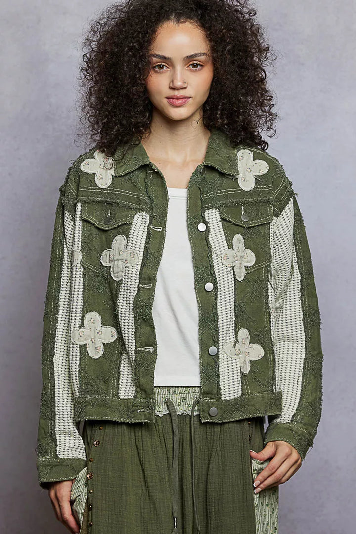 Olive Multi Pol Button Down Raw Hem Jacket With Floral Patch