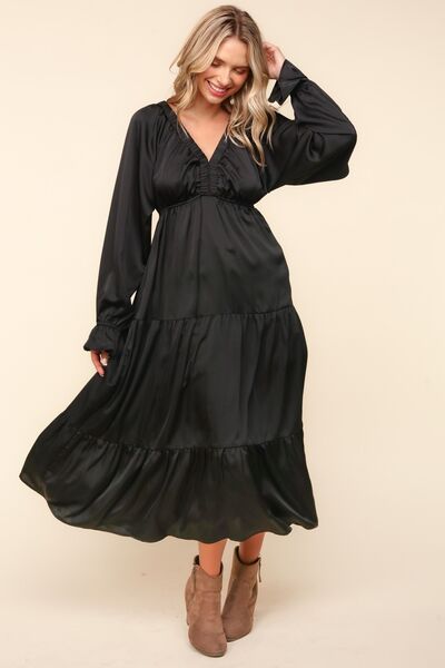 Black Haptics Flounce Sleeve Tiered Midi Dress With Pockets
