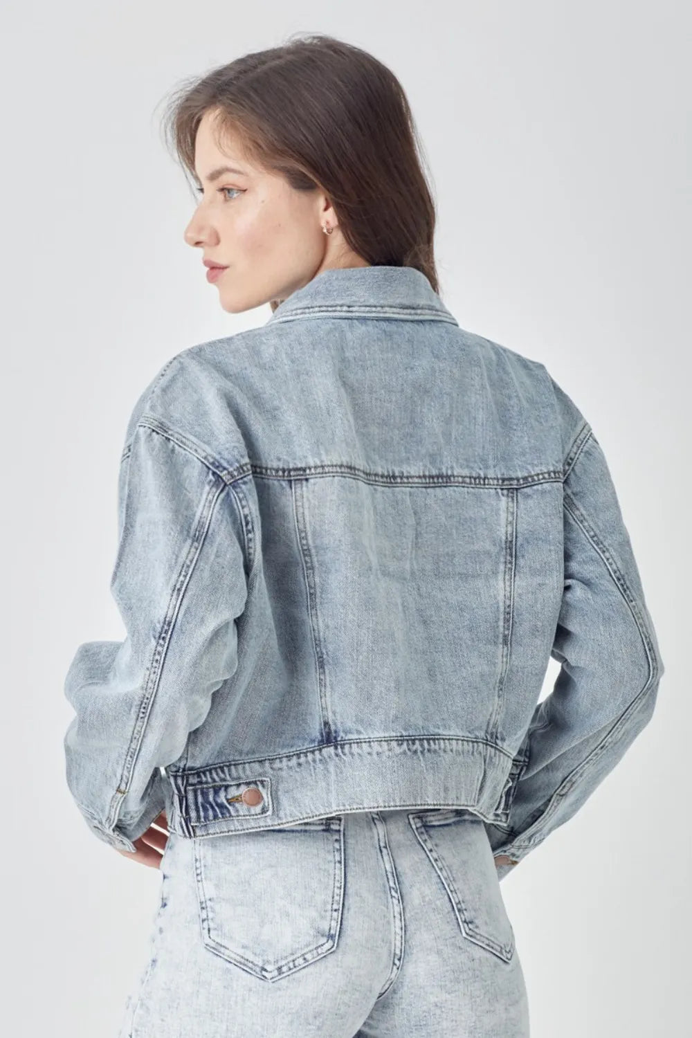 Light Risen Full Size Button Down Cropped Denim Jacket