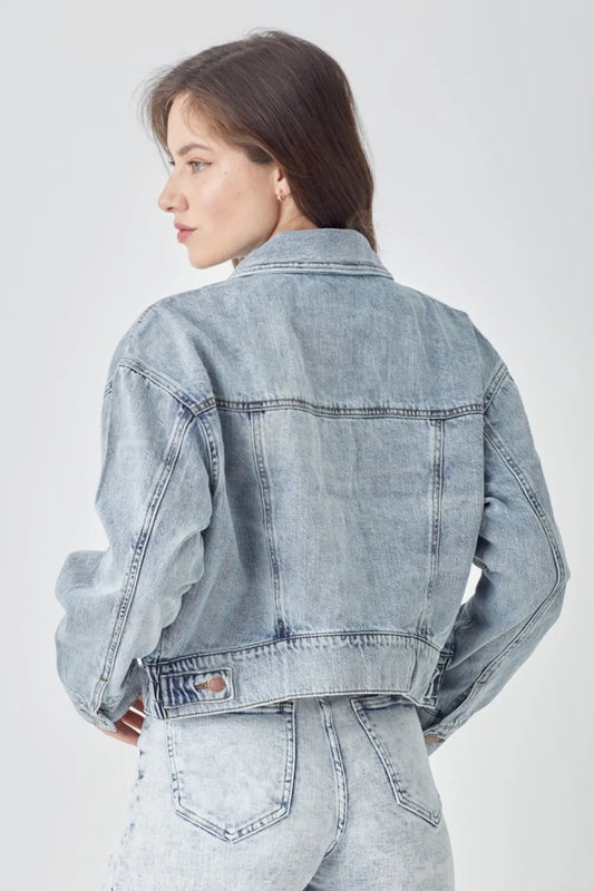 Light Risen Full Size Button Down Cropped Denim Jacket