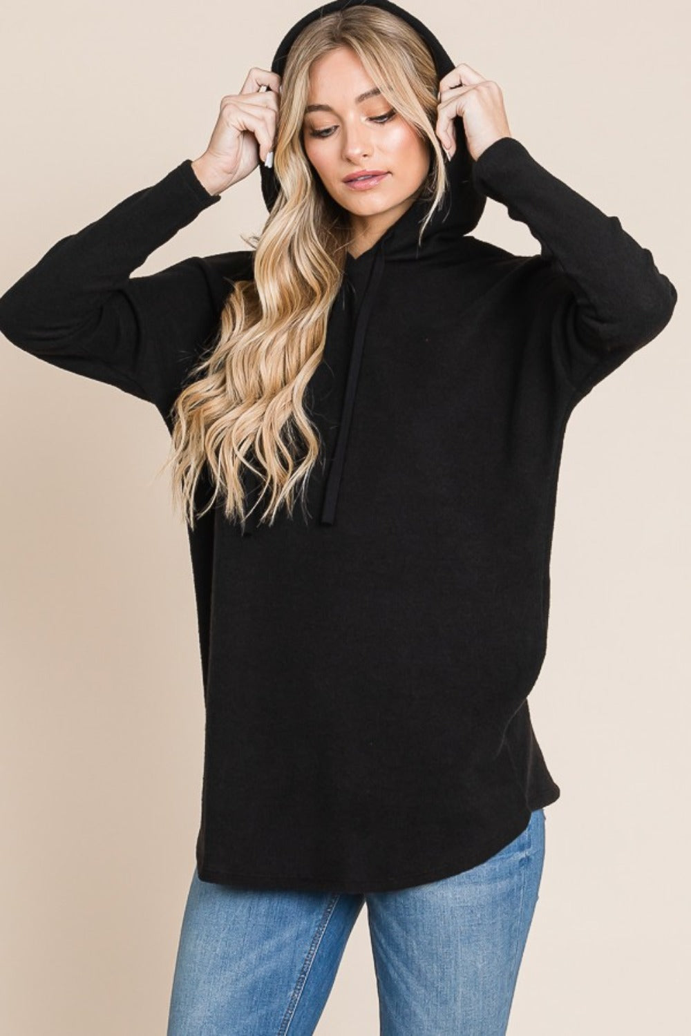 Black Bombom Contrast Drawstring Drop Shoulder Knit Hoodie