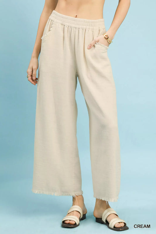 Cream Umgee Frayed Hem Wide Leg Pants 1