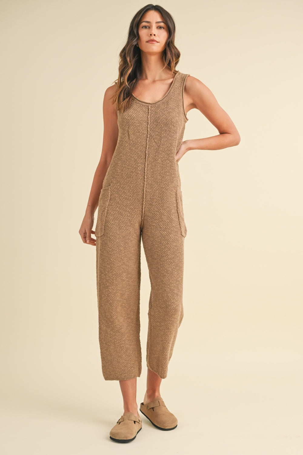 Mocha Mable Sleeveless Knit Crop Jumpsuit With Pockets