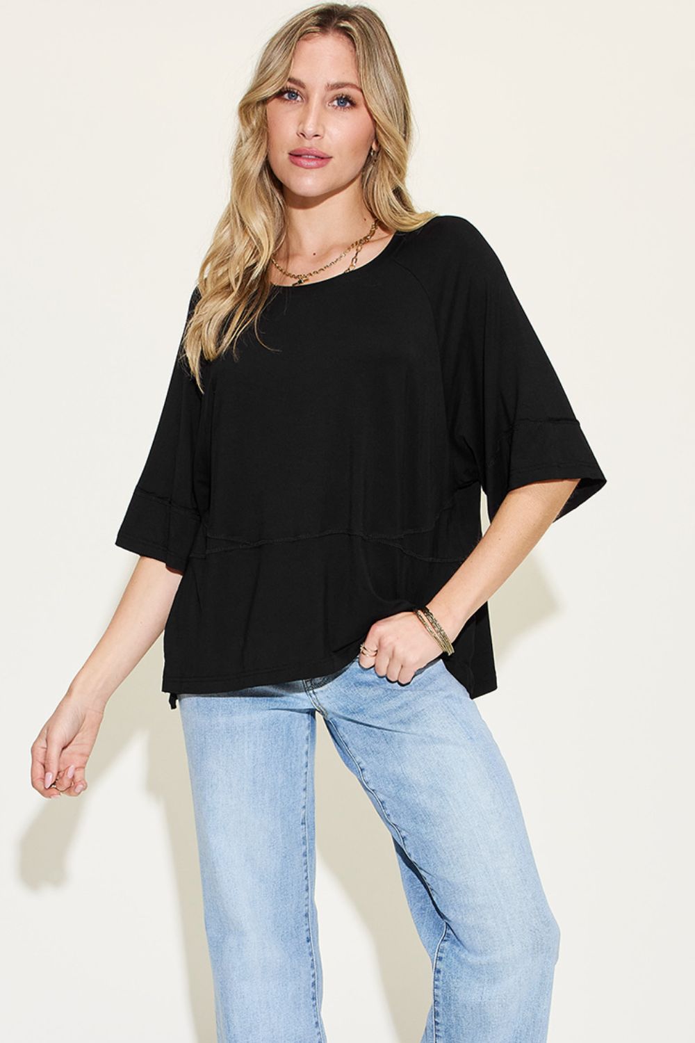Black Basic Bae Full Size Bamboo Round Neck Exposed Seam T Shirt