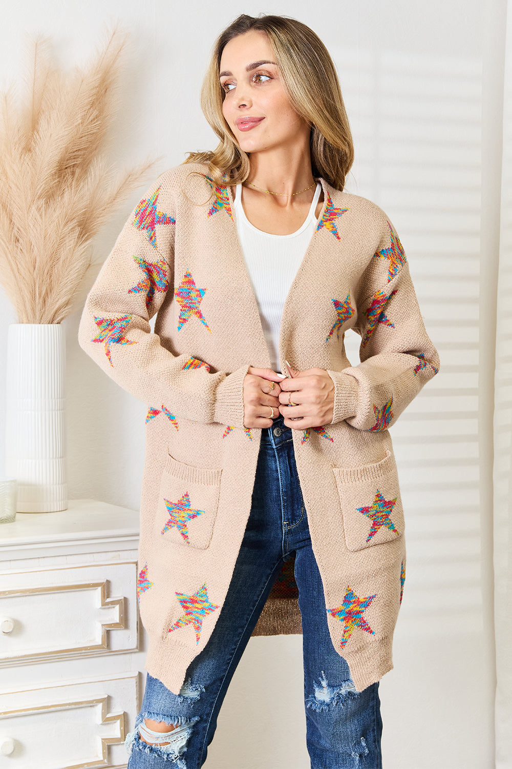 Mocha Angel Wings Star Pattern Open Front Longline Cardigan