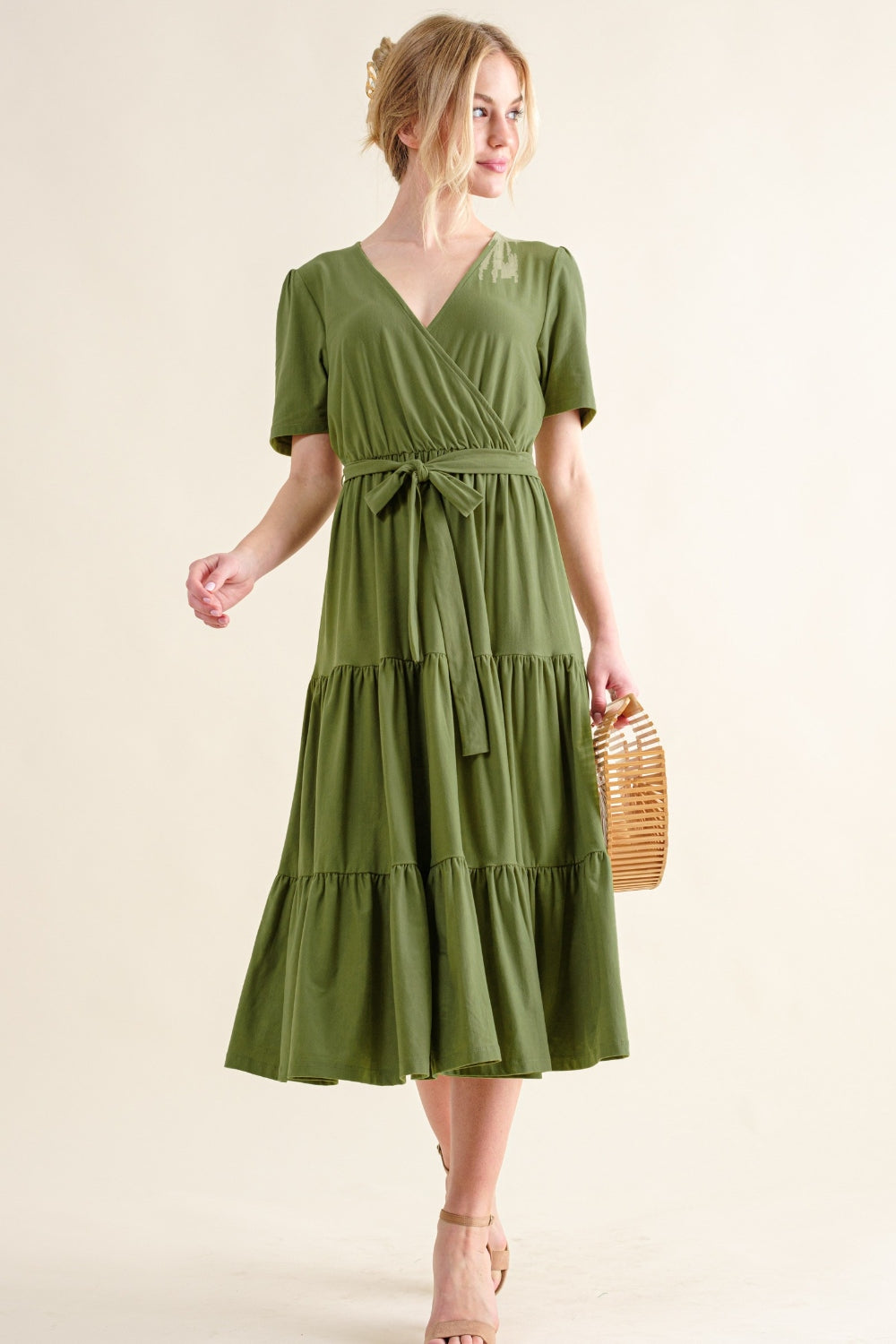 GREEN And The Why Soft Short Sleeve Tiered Midi Dress