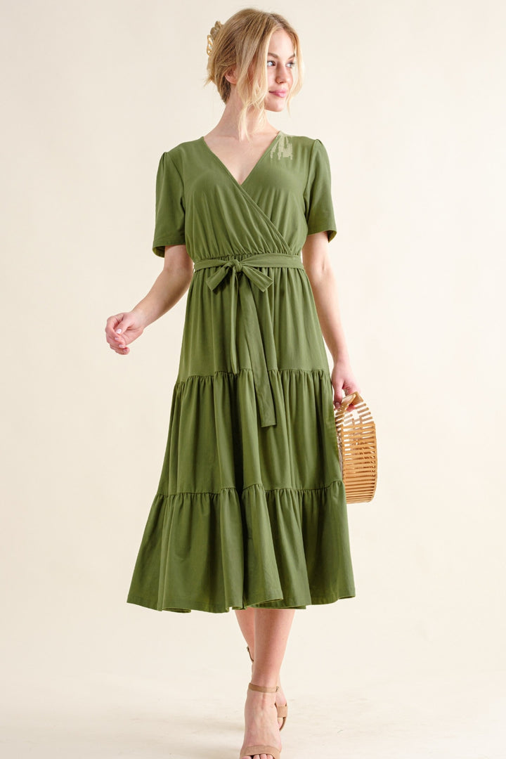 GREEN And The Why Soft Short Sleeve Tiered Midi Dress