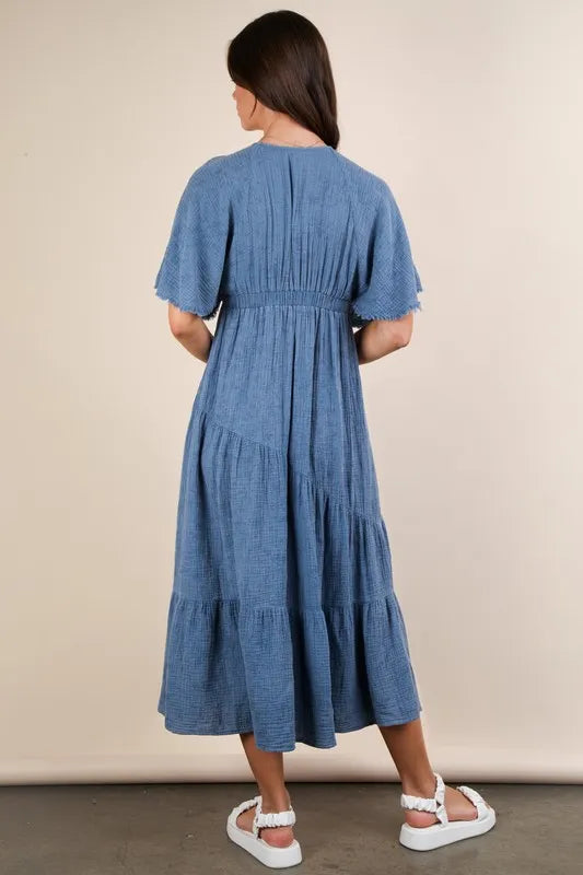 Very J Mineral Washed Elastic Neck Detail Midi Dress 1