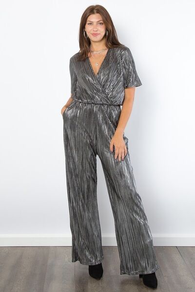 Silver Be Stage Surplice Short Sleeve Pleated Foil Jumpsuit 1