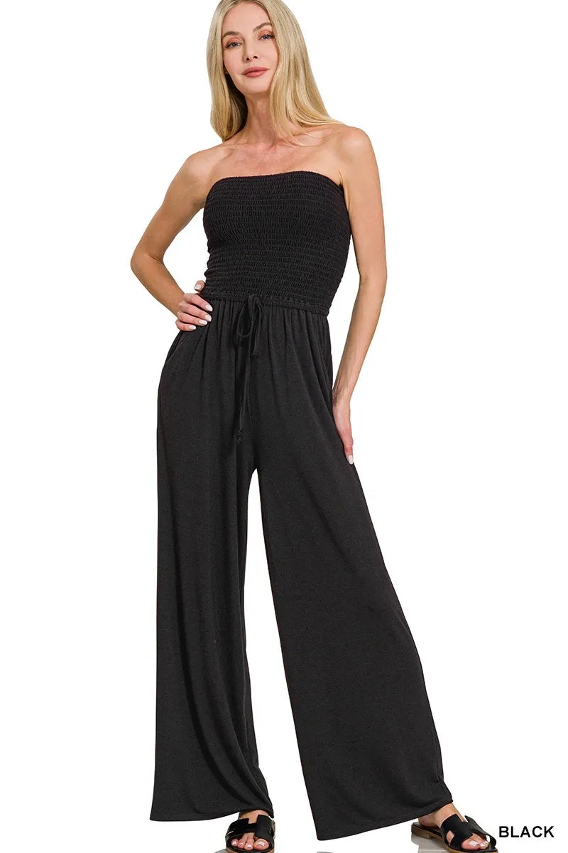 Black Zenana Strapless Wide Leg Smocked Jumpsuit