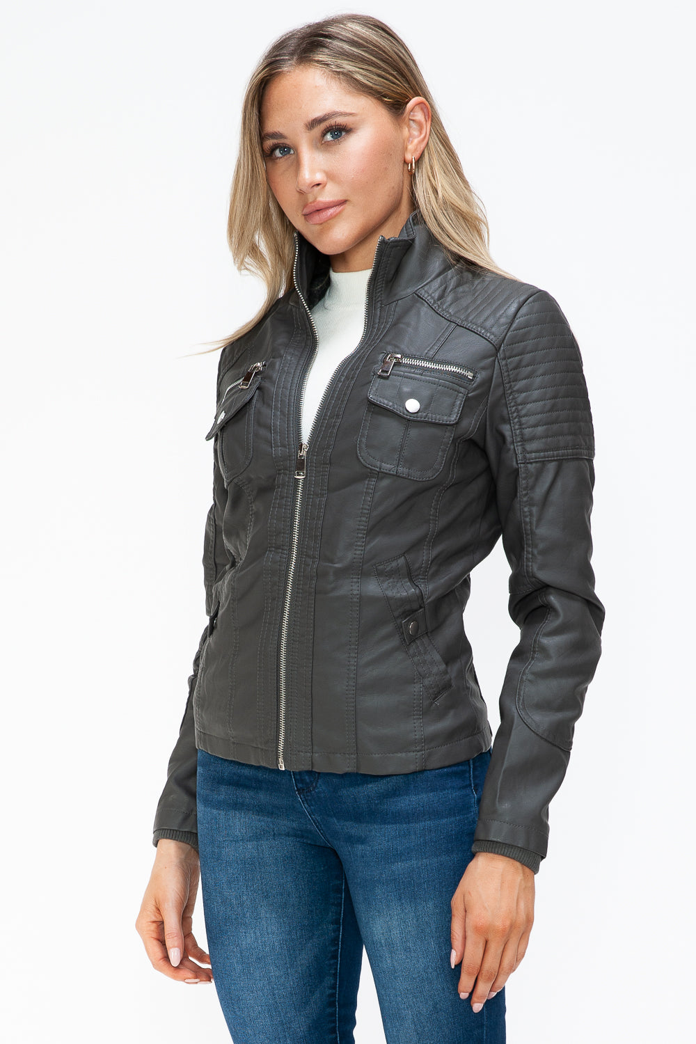 Ymi Removable Faux Layered Multi Pocket Jacket With Fuzzy Hood 1