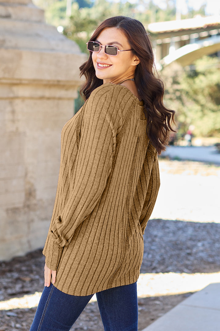Royal Blue Basic Bae Full Size Ribbed Round Neck Long Sleeve Knit Top