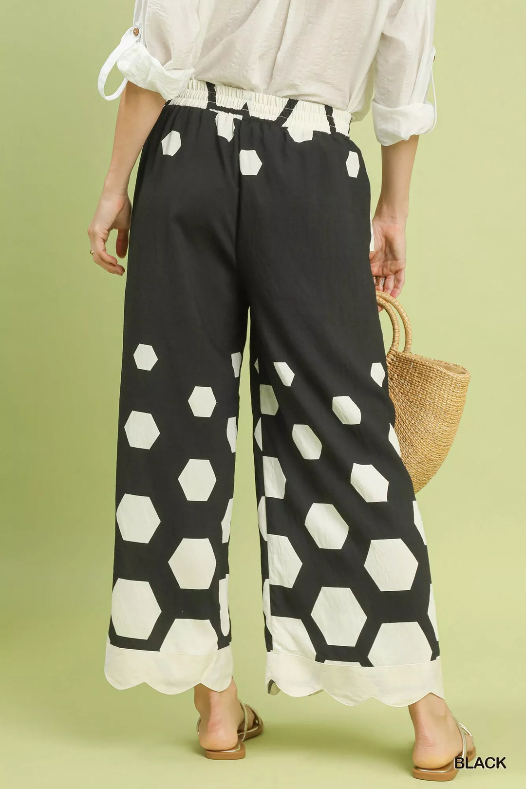 Black Umgee Hexagon Print Wide Leg Pants With Scalloped Hem