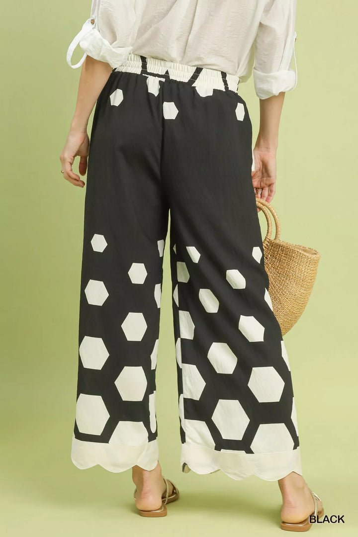 Black Umgee Hexagon Print Wide Leg Pants With Scalloped Hem