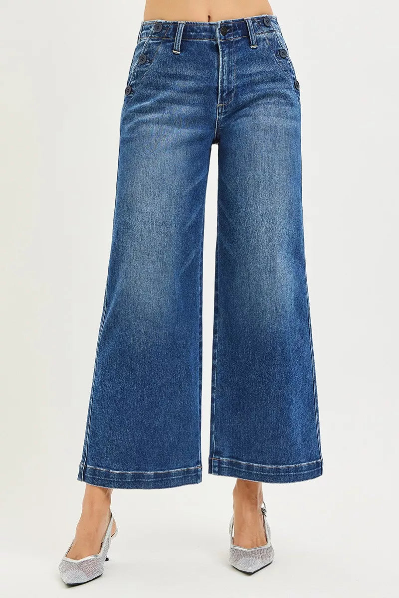 Dark Risen High Rise Wide Leg Jeans With Pocket Button Detail