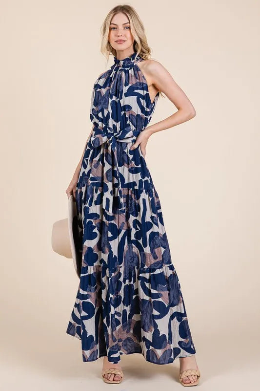 Lime N Chili Abstract Halter Neck Tie Waist Tiered Maxi Dress