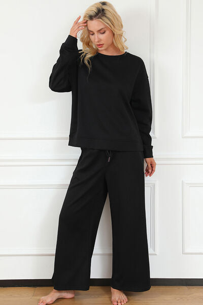 Khaki Double Take Full Size Textured Long Sleeve Top And Drawstring Pants Set