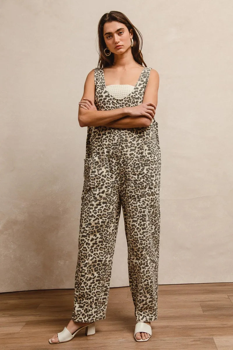 Leopard Bibi Leopard Print Adjustable Strap U Neck Jumpsuit