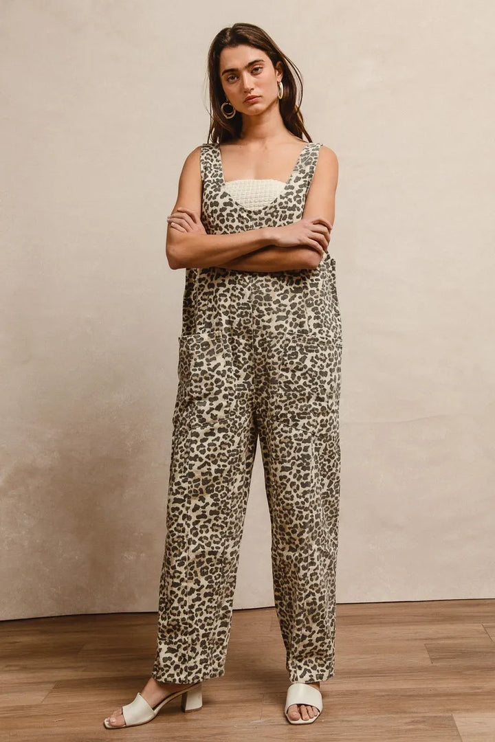 Leopard Bibi Leopard Print Adjustable Strap U Neck Jumpsuit