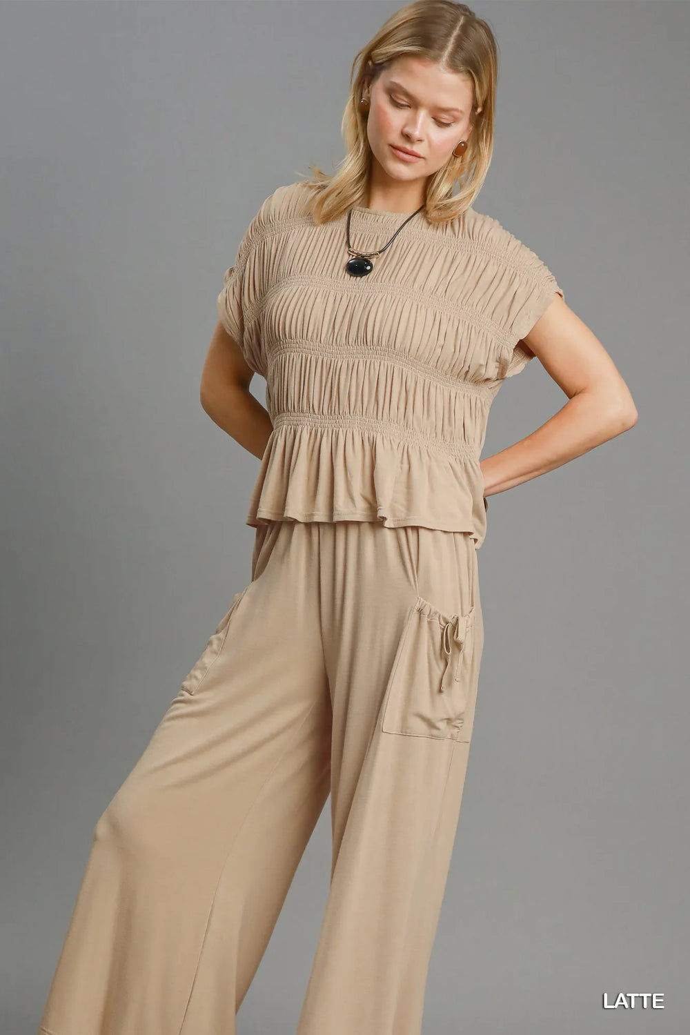 Latte Umgee Short Sleeve Knit Smocked Top